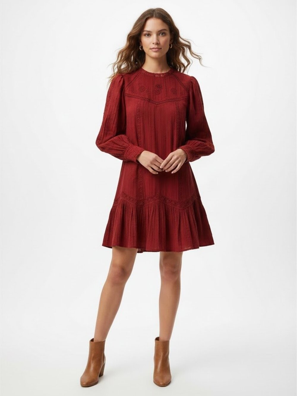 Zara Embroidered Long Sleeve Mini Dress Burgundy Wine M Boho